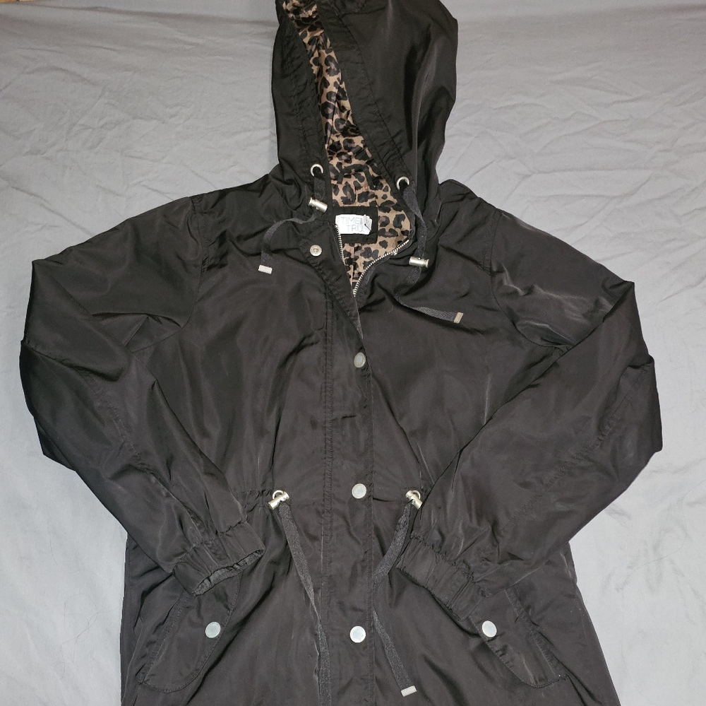 Time and Tru Black Hooded Jacket with Leopard Lining